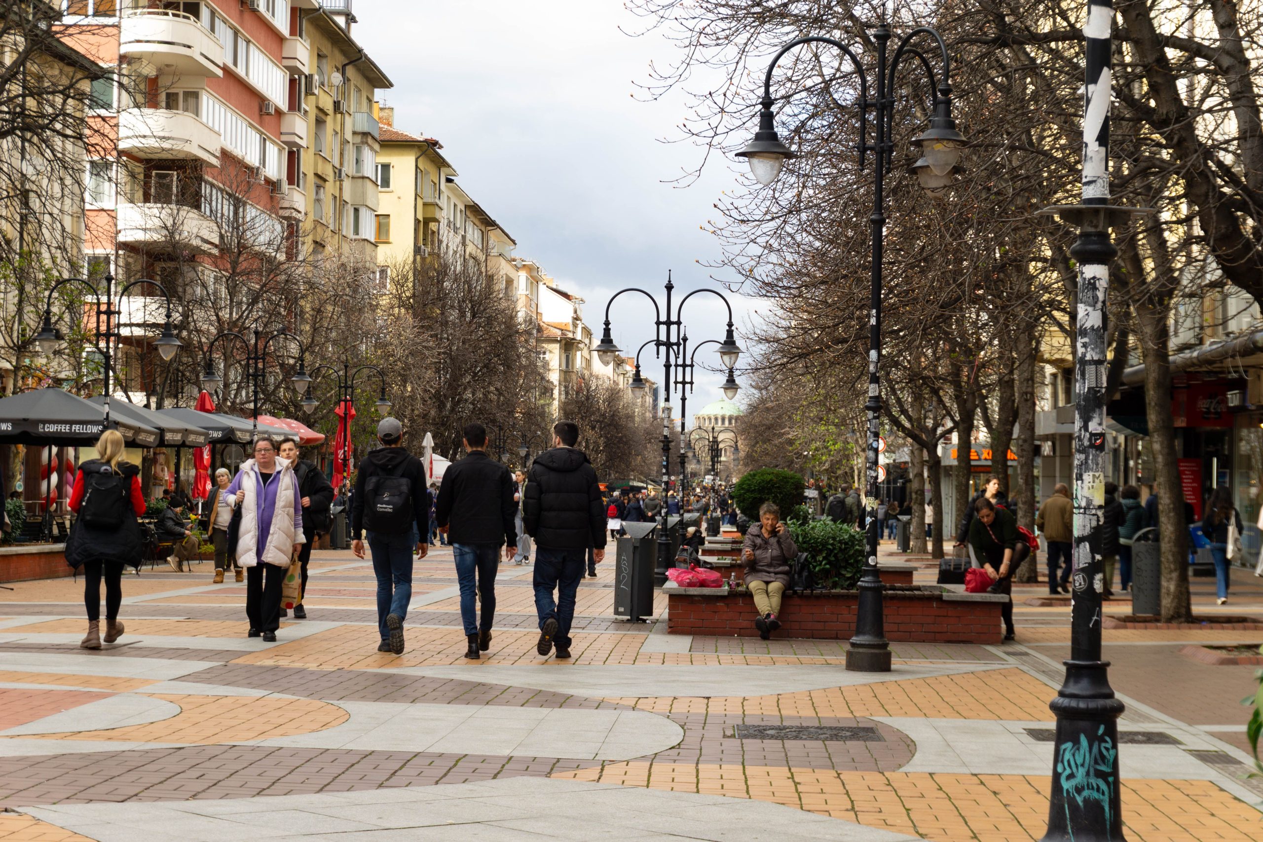 A busy day on Sofia's famous Vitosha Boulevard, showcasing city life and urban design.